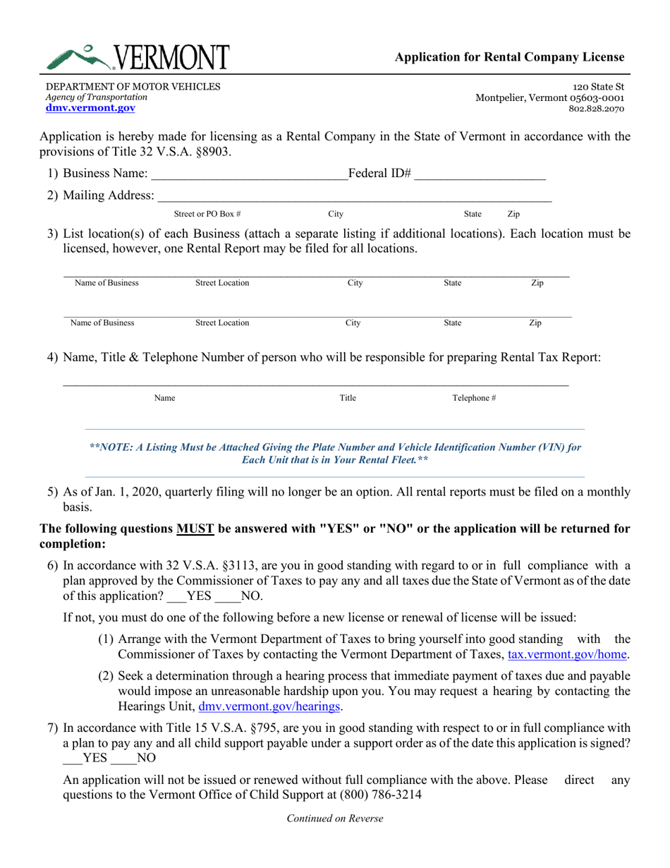 Form CVO-002 Application for Rental Company License - Vermont, Page 1