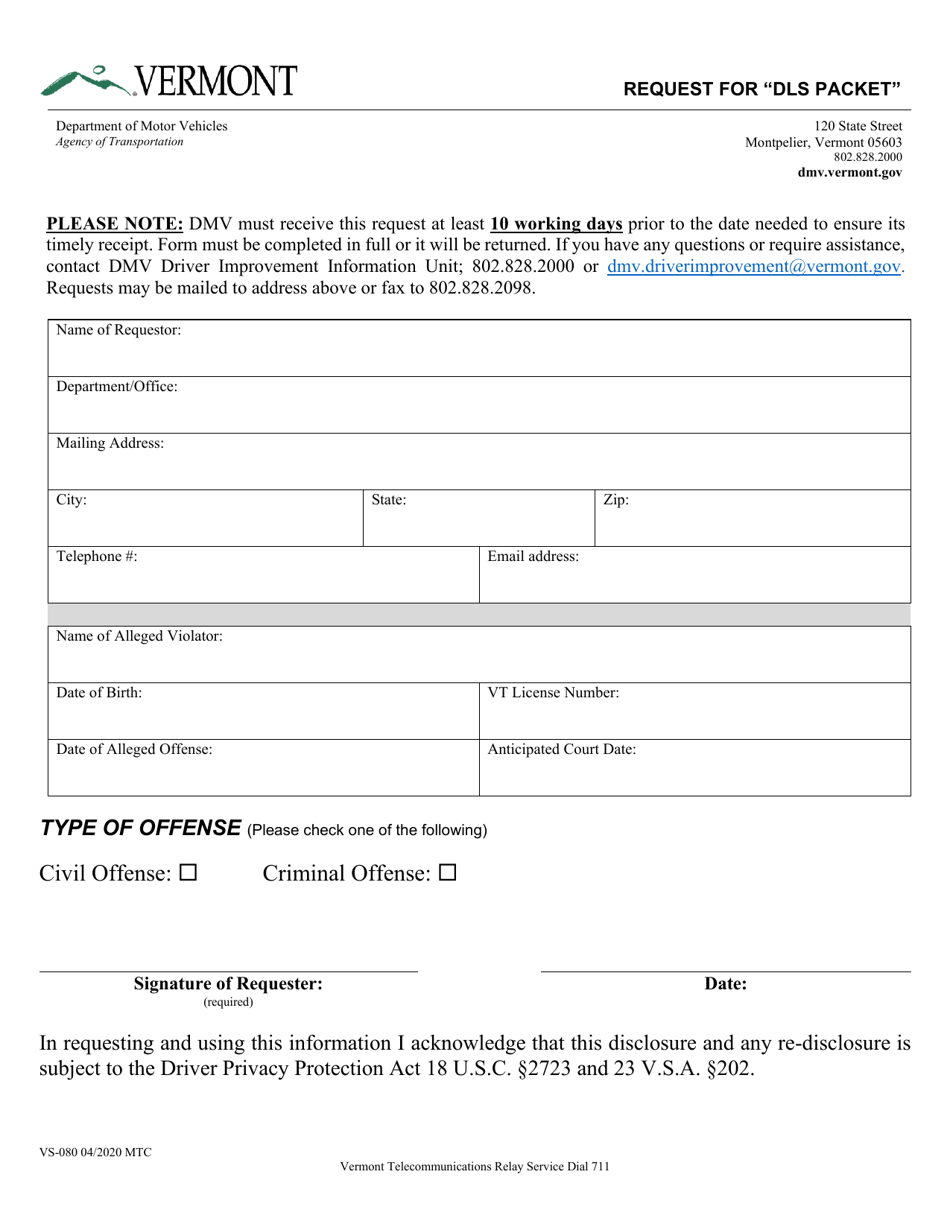 Form VS-080 Request for dls Packet - Vermont, Page 1