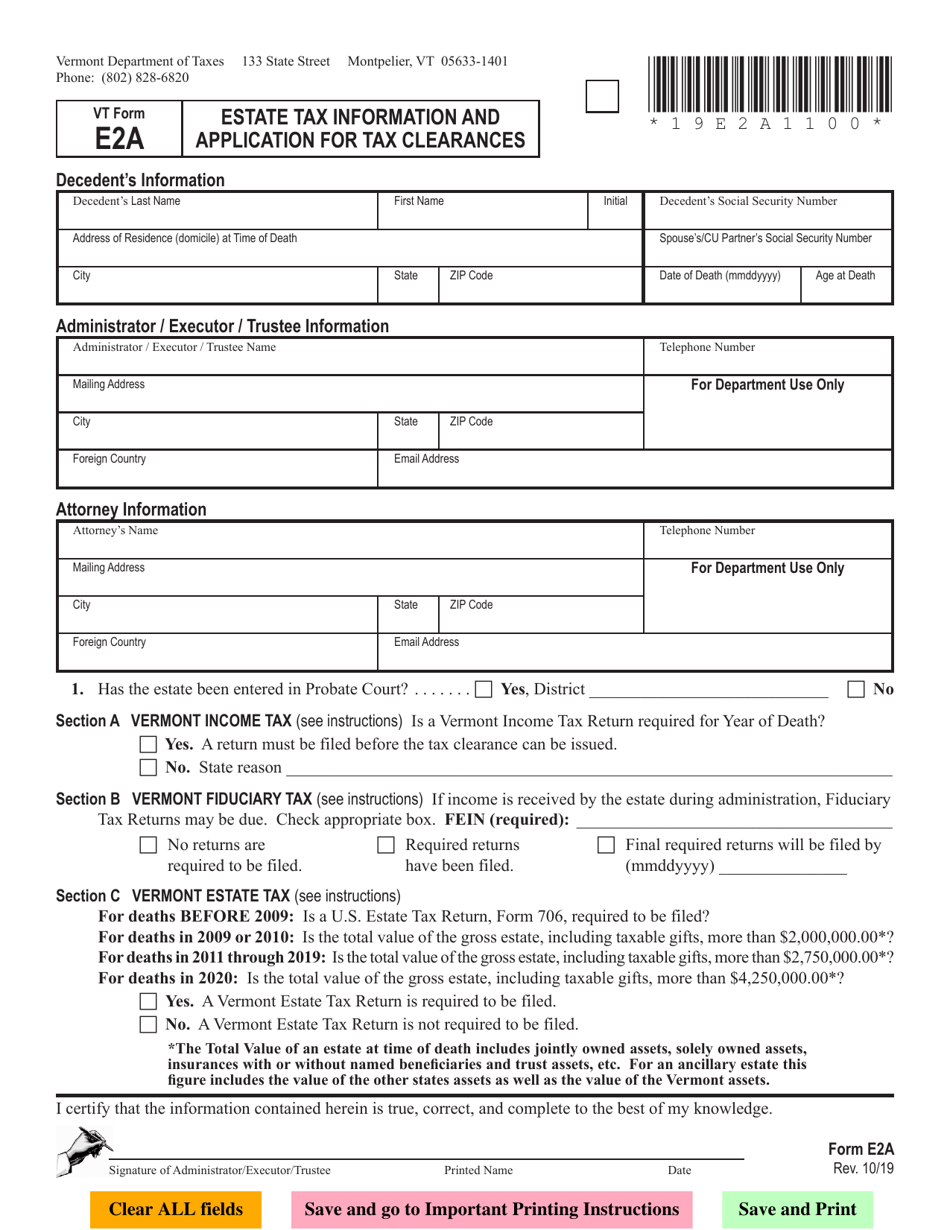 VT Form E2A Estate Tax Information and Application for Tax Clearances - Vermont, Page 1