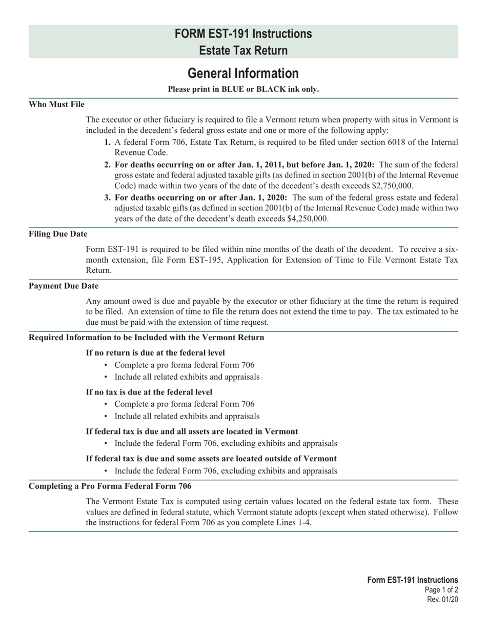 Instructions for VT Form EST-191 Estate Tax Return - Vermont, Page 1