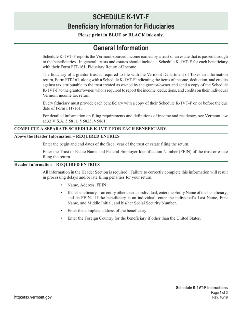 Instructions for Schedule K-1VT-F Vermont Beneficiary Information for Fiduciaries - Vermont, Page 1
