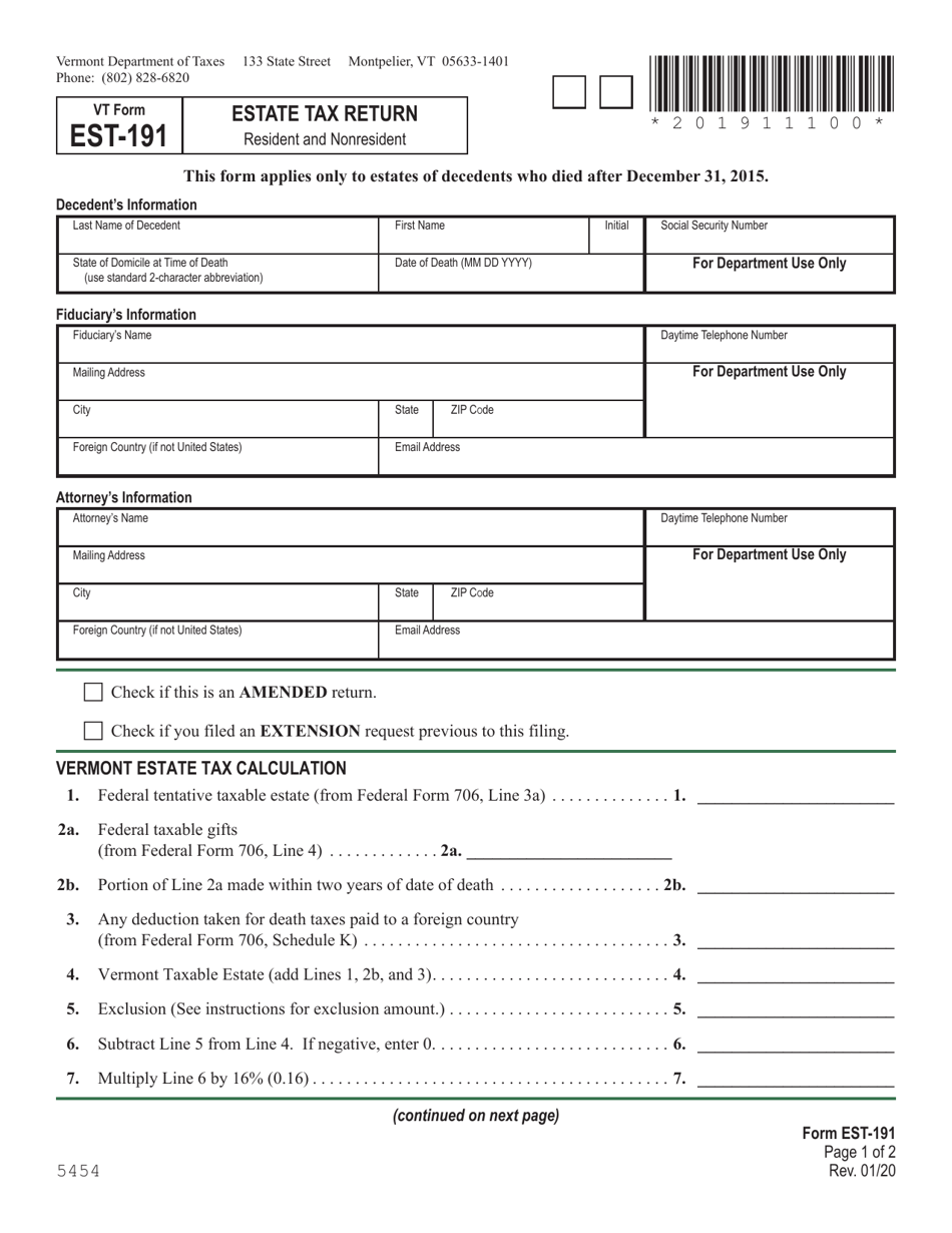 VT Form EST-191 Estate Tax Return - Vermont, Page 1