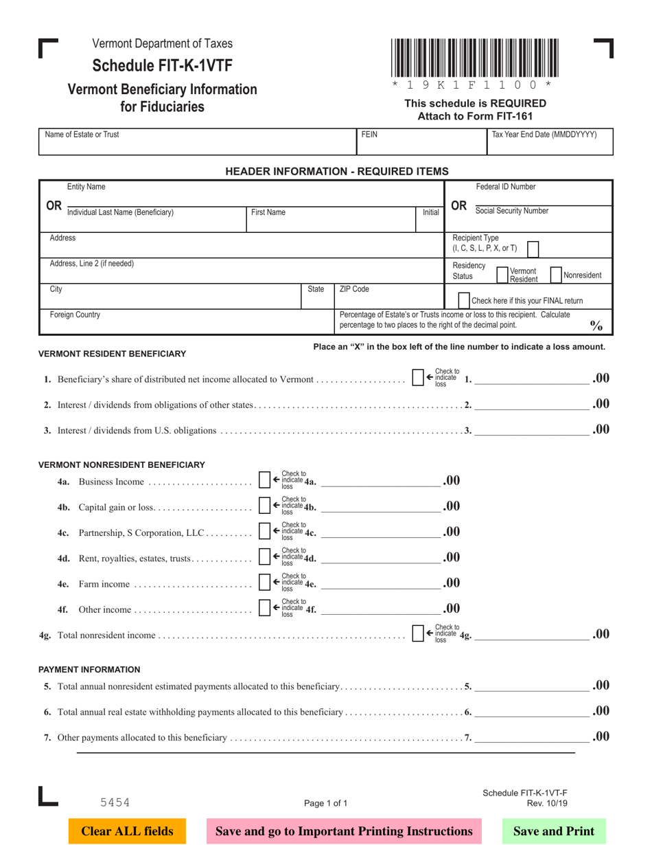 Schedule FIT-K-1VT-F Vermont Beneficiary Information for Fiduciaries - Vermont, Page 1