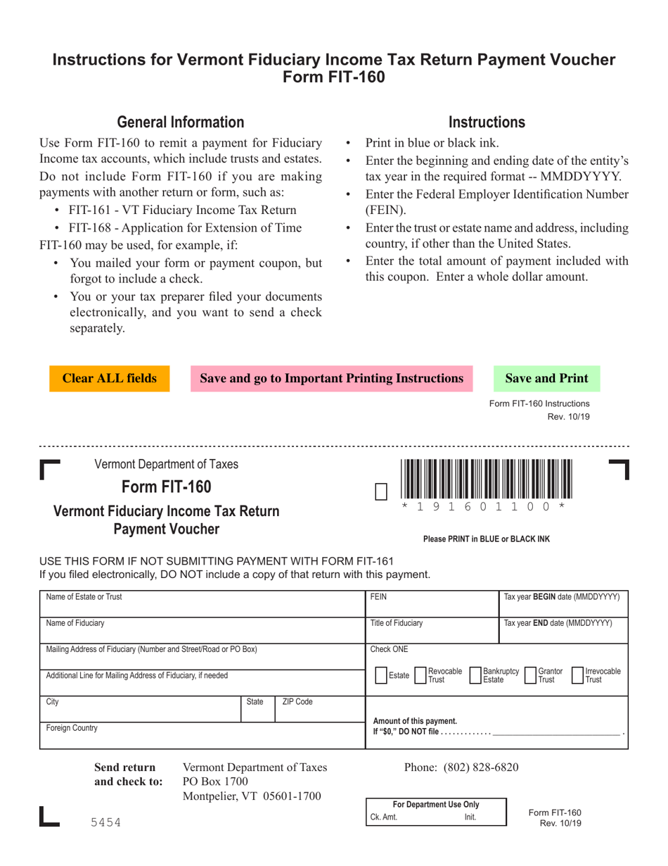 Form FIT-160 Vermont Fiduciary Income Tax Return Payment Voucher - Vermont, Page 1