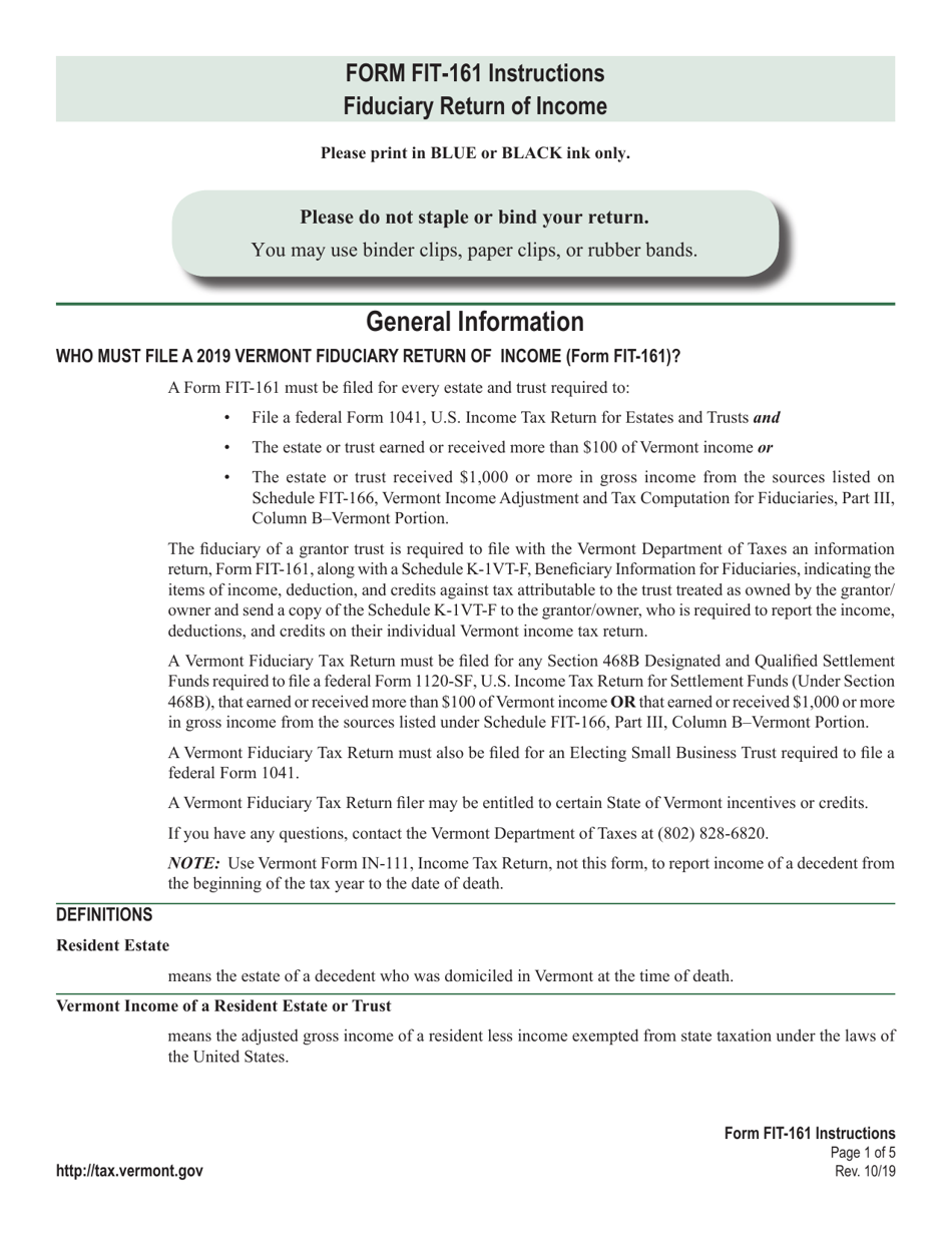 Instructions for Form FIT-161 Vermont Fiduciary Return of Income - Vermont, Page 1
