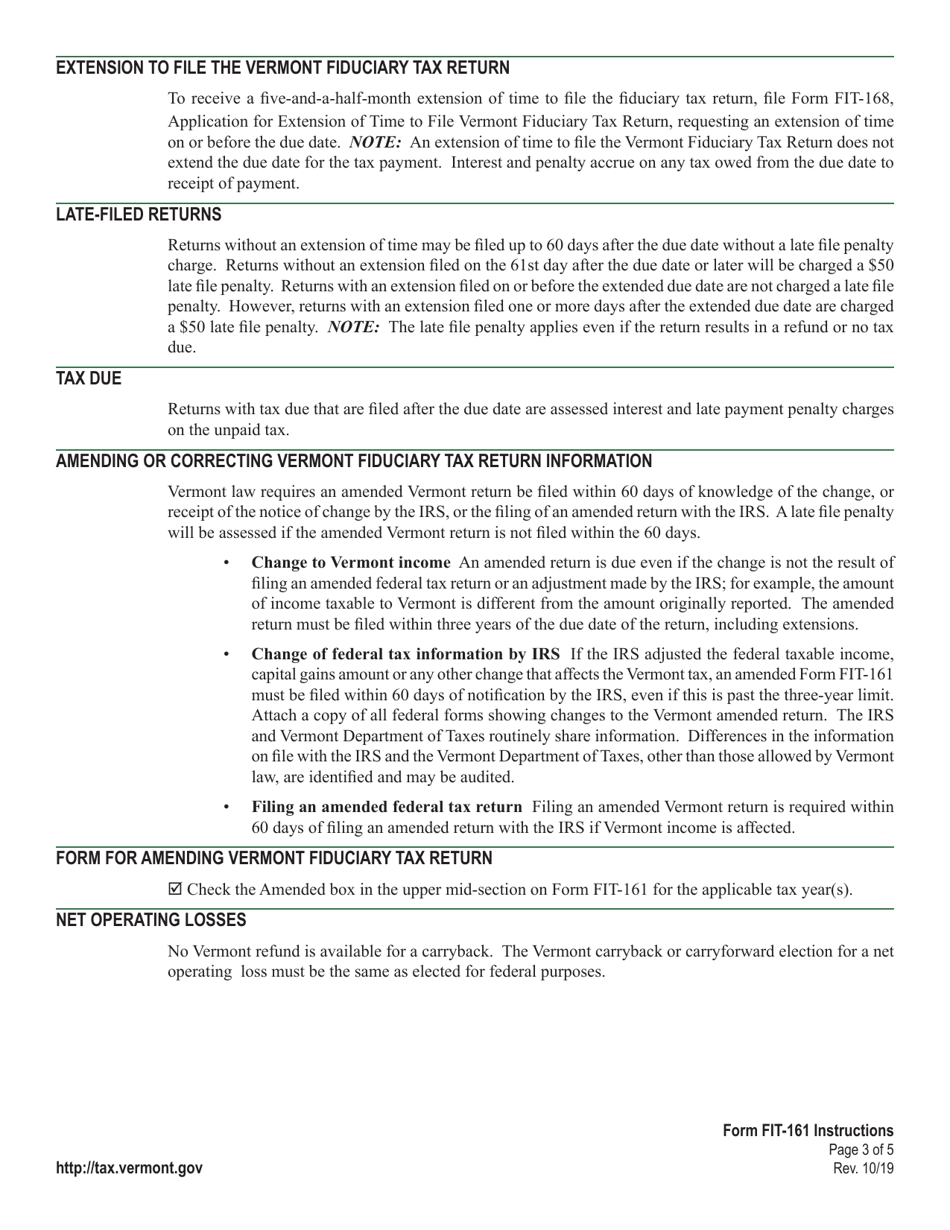 Instructions for Form FIT-161 Vermont Fiduciary Return of Income - Vermont, Page 3