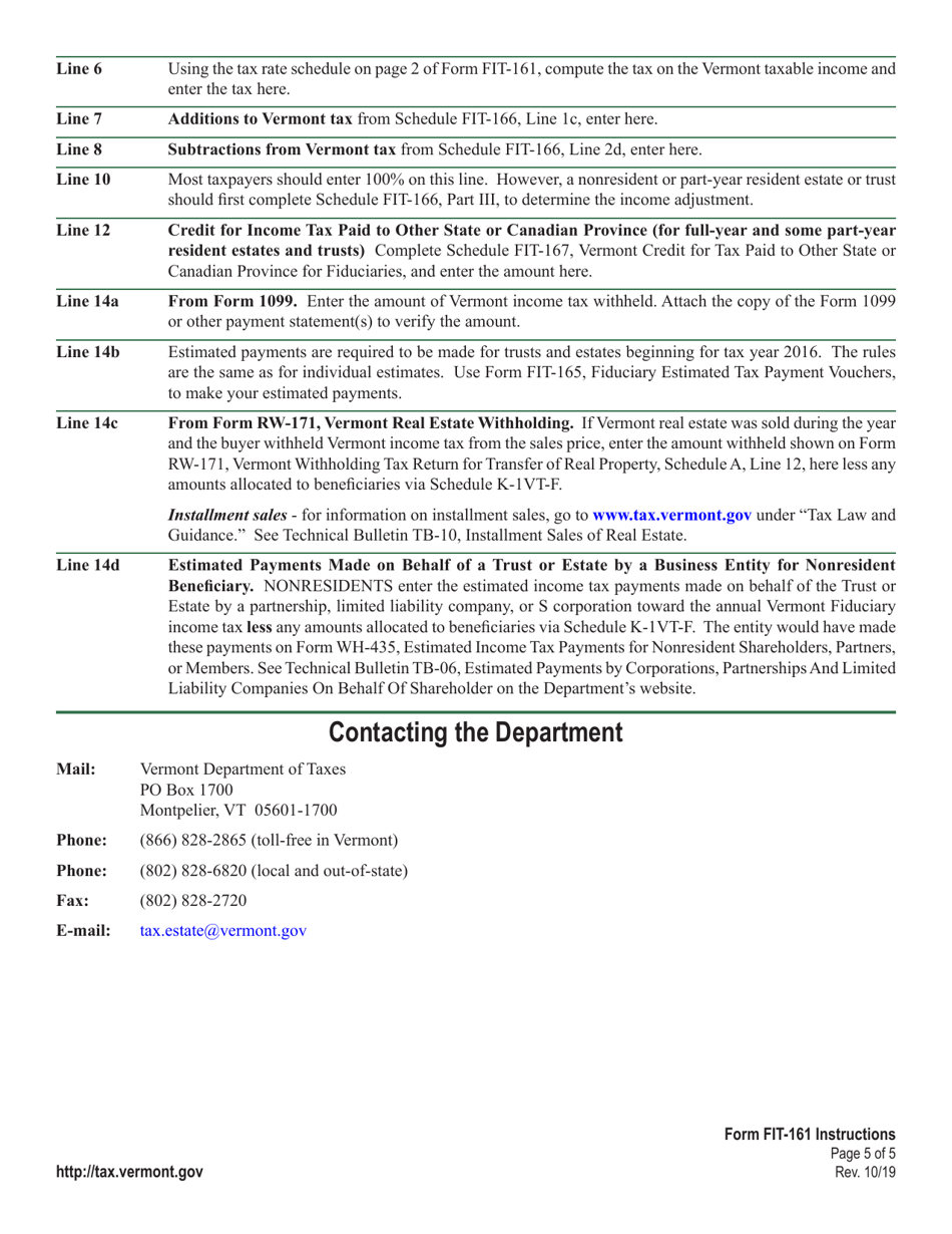Instructions for Form FIT-161 Vermont Fiduciary Return of Income - Vermont, Page 5