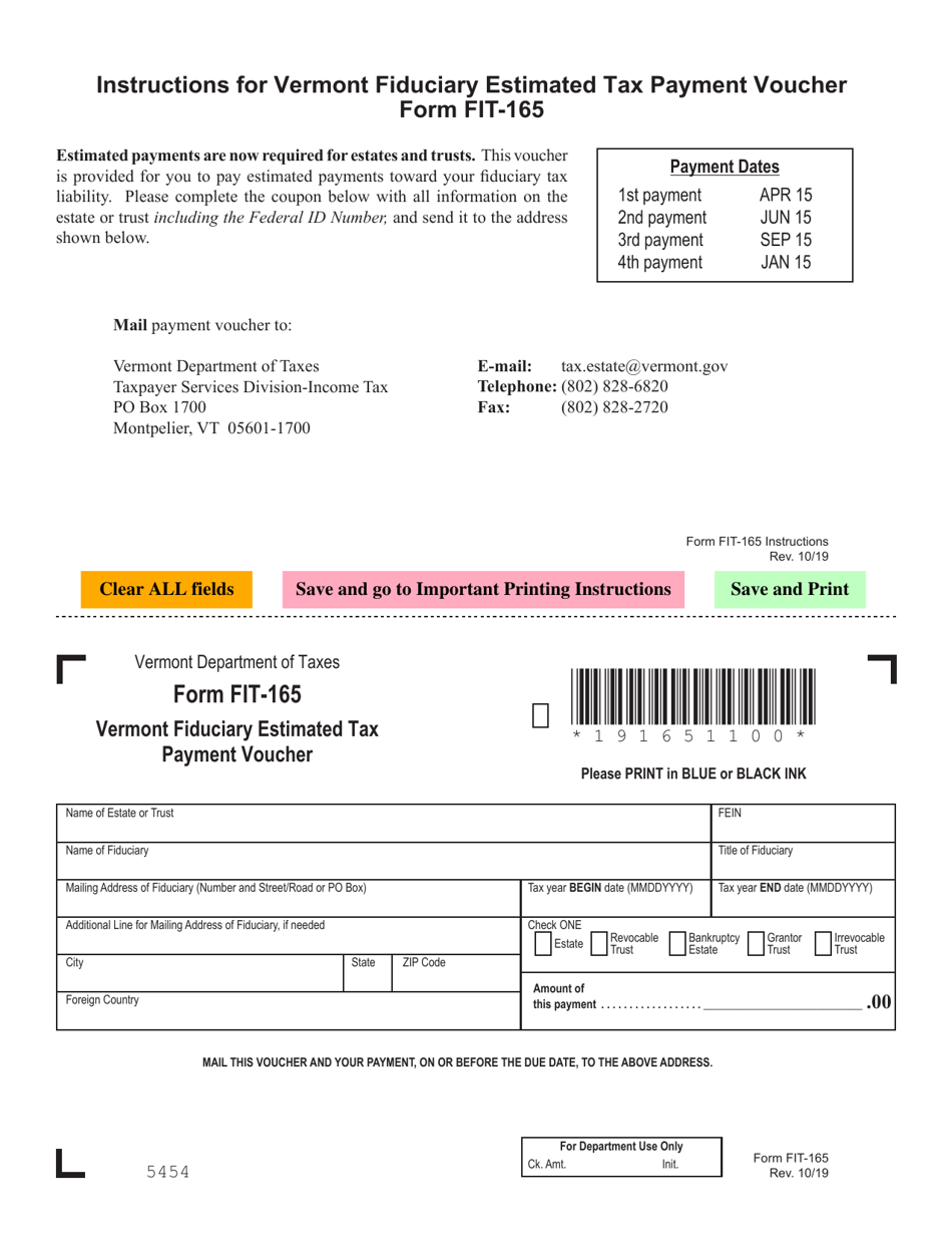 Form FIT-165 Vermont Fiduciary Estimated Tax Payment Voucher - Vermont, Page 1