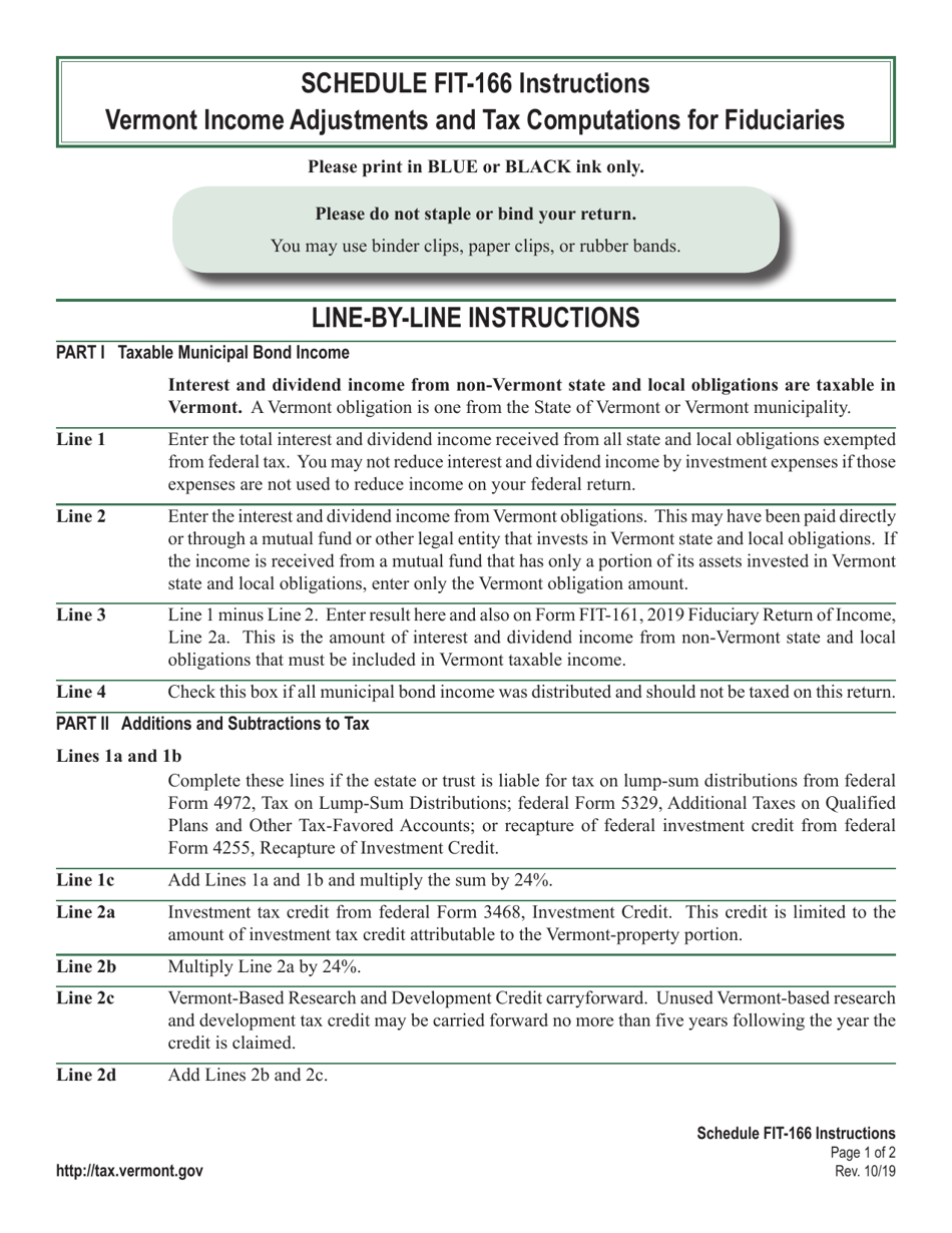 Instructions for Schedule FIT-166 Vermont Income Adjustments and Tax Computations for Fiduciaries - Vermont, Page 1