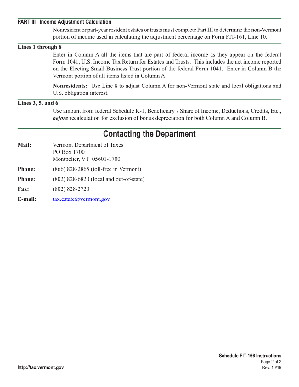 Instructions for Schedule FIT-166 Vermont Income Adjustments and Tax Computations for Fiduciaries - Vermont, Page 2