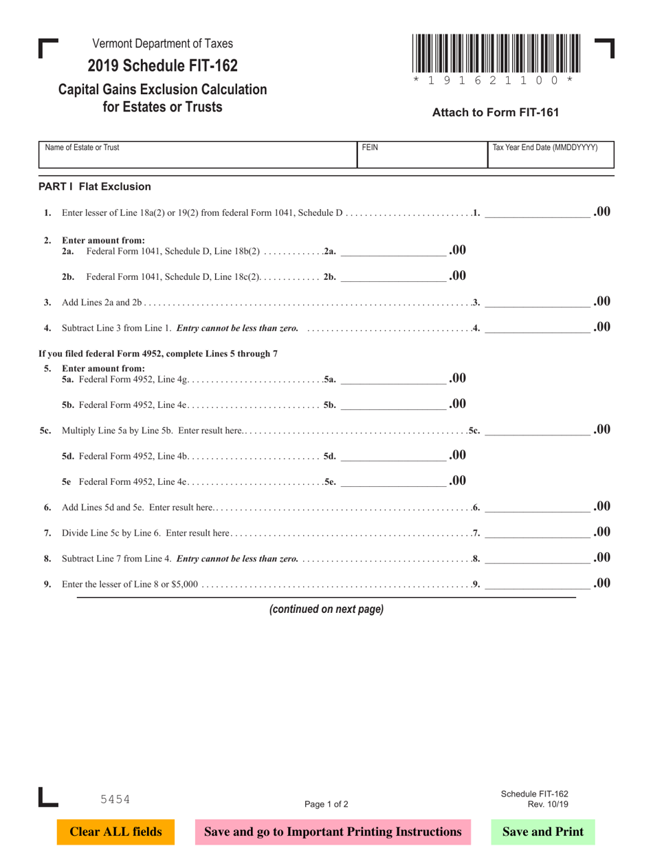 Schedule FIT-162 Capital Gains Exclusion Calculation for Estates or Trusts - Vermont, Page 1