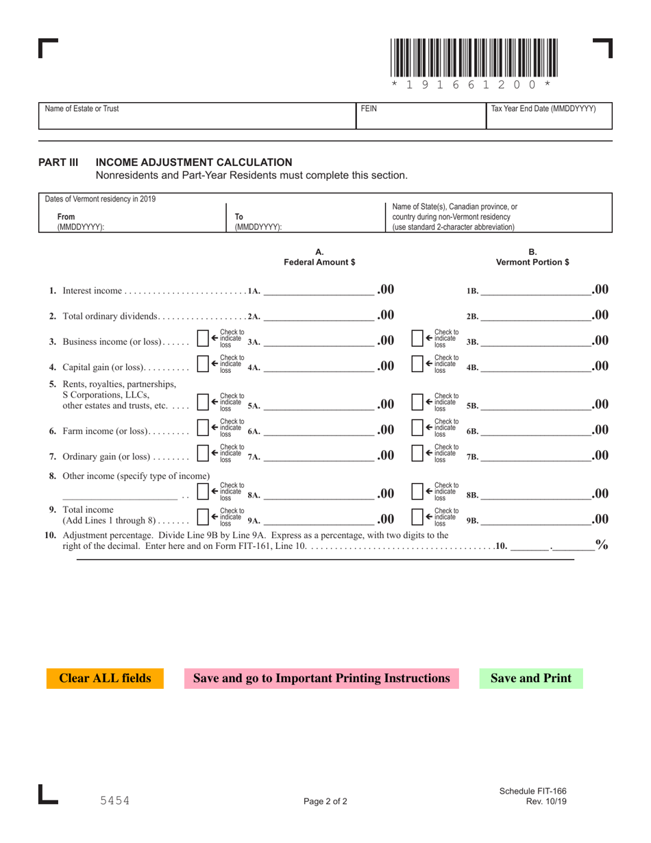 Schedule FIT-166 Vermont Income Adjustments and Tax Computations for Fiduciaries - Vermont, Page 2
