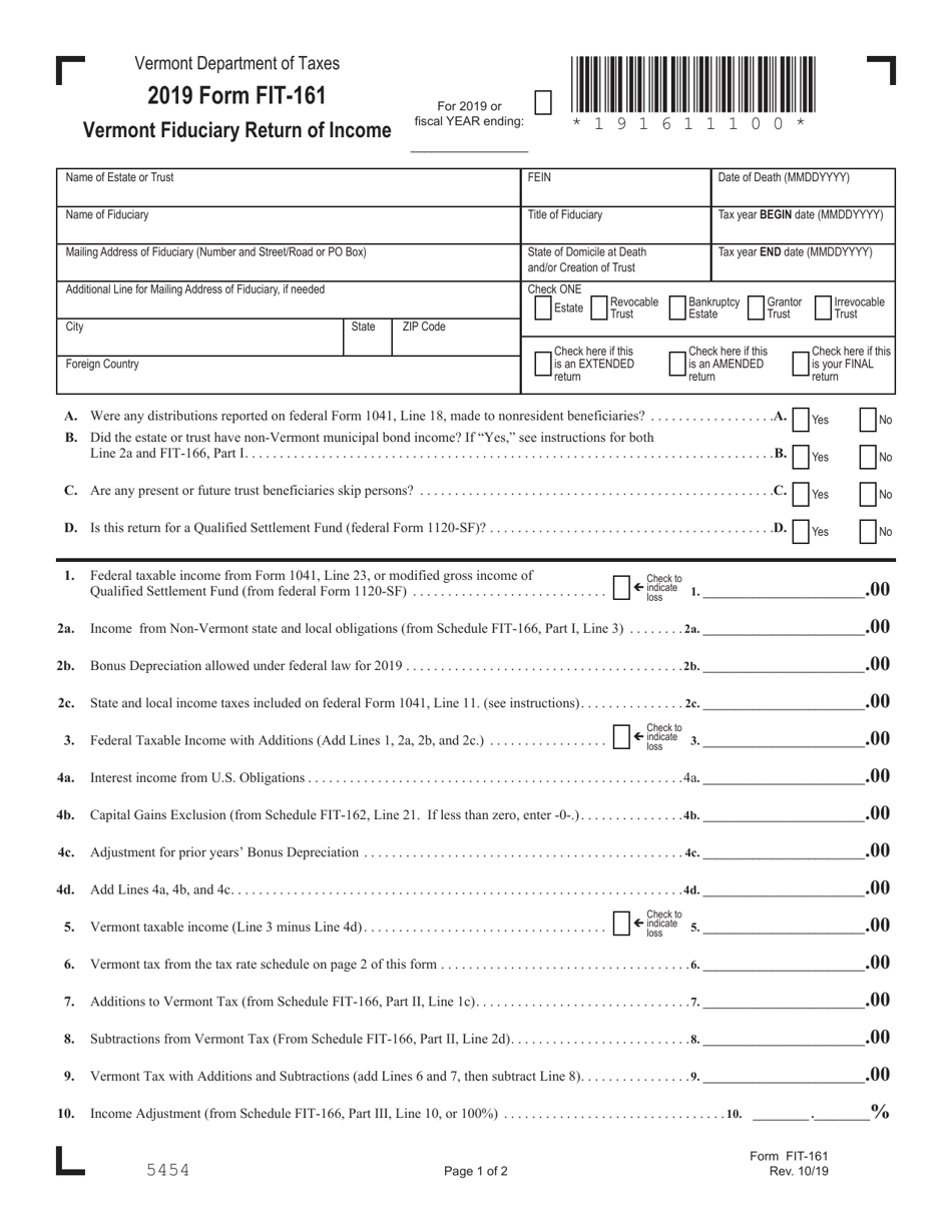 Form FIT-161 Vermont Fiduciary Return of Income - Vermont, Page 1
