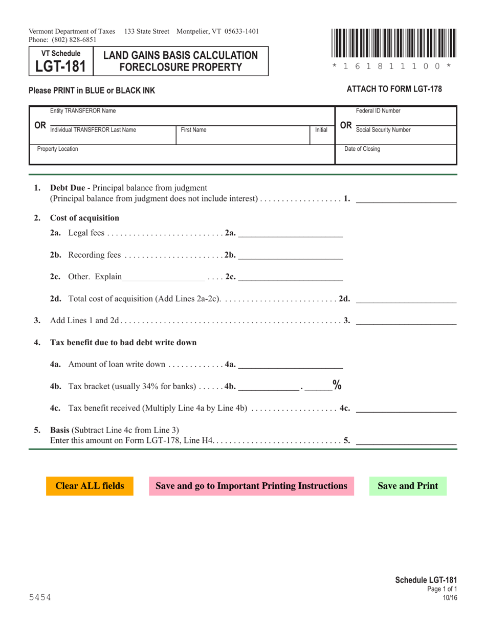 Schedule LGT-181 Land Gains Basis Calculation Foreclosure Property - Vermont, Page 1