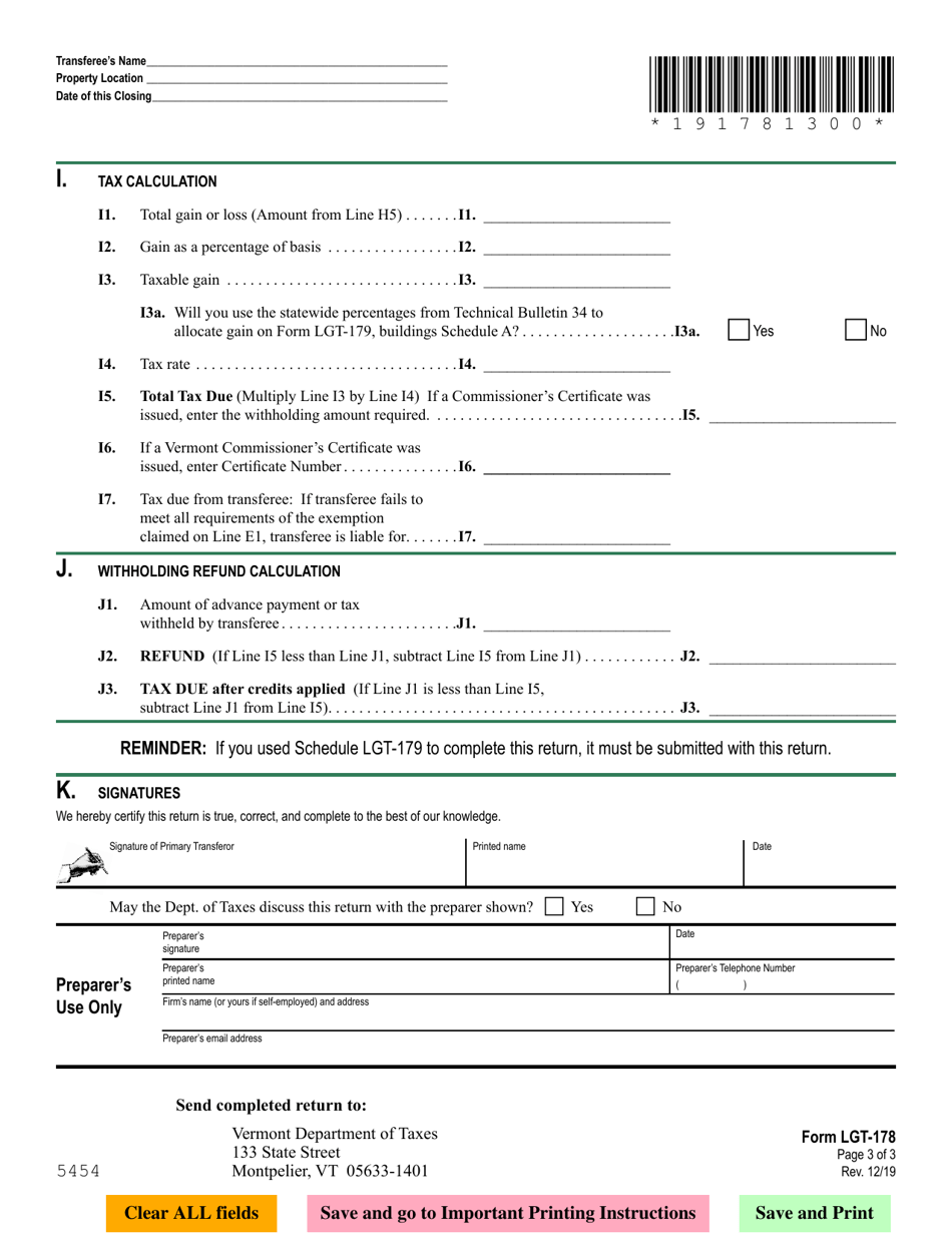 VT Form LGT-178 Vermont Land Gains Tax Return - Vermont, Page 3
