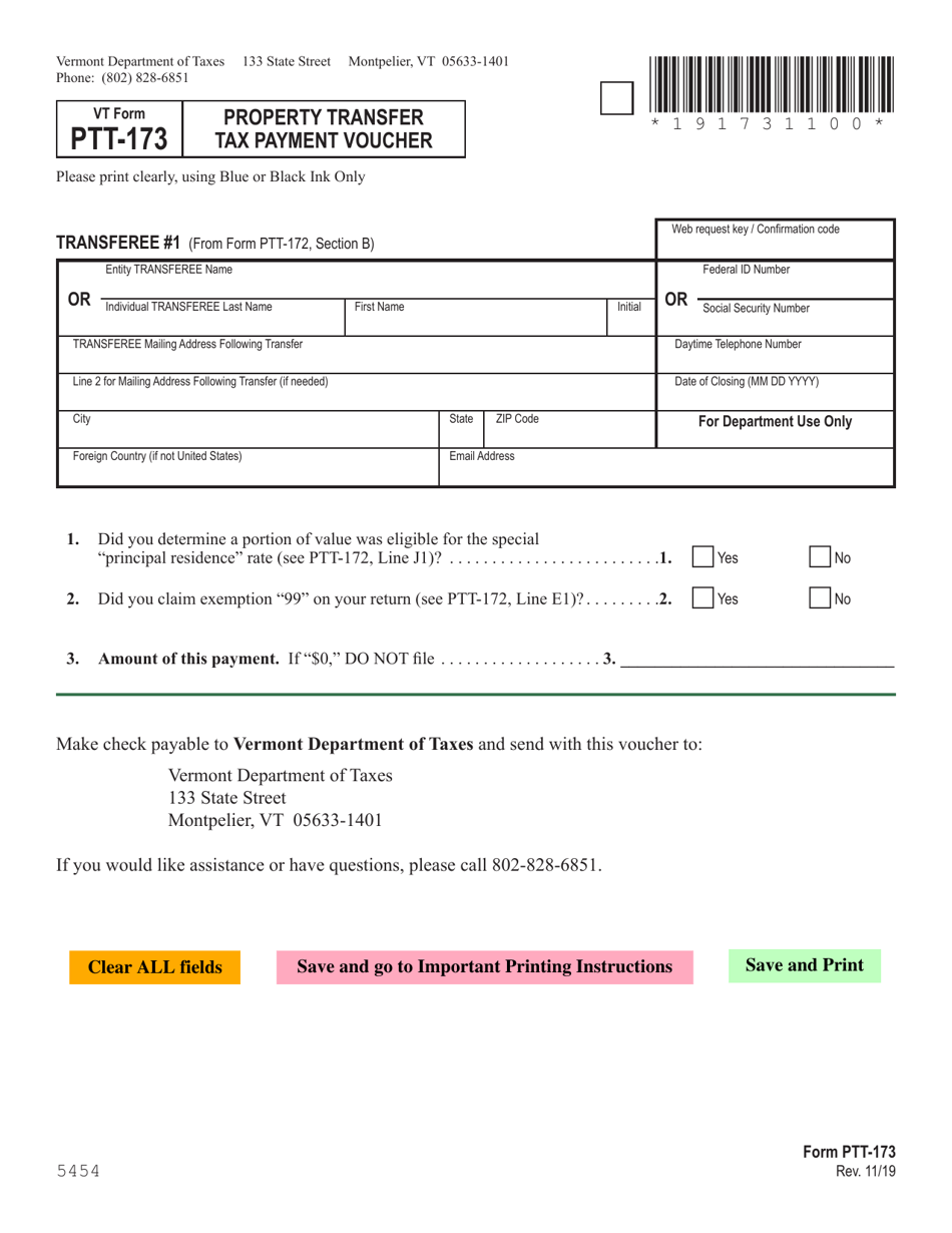 VT Form PTT173 Fill Out, Sign Online and Download Fillable PDF
