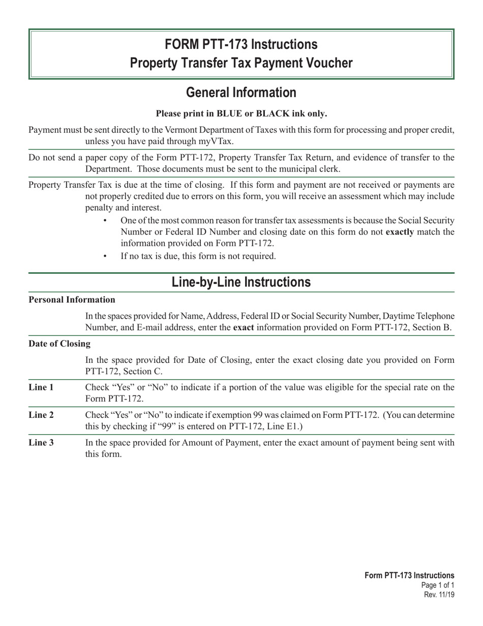 Download Instructions for VT Form PTT173 Property Transfer Tax Payment