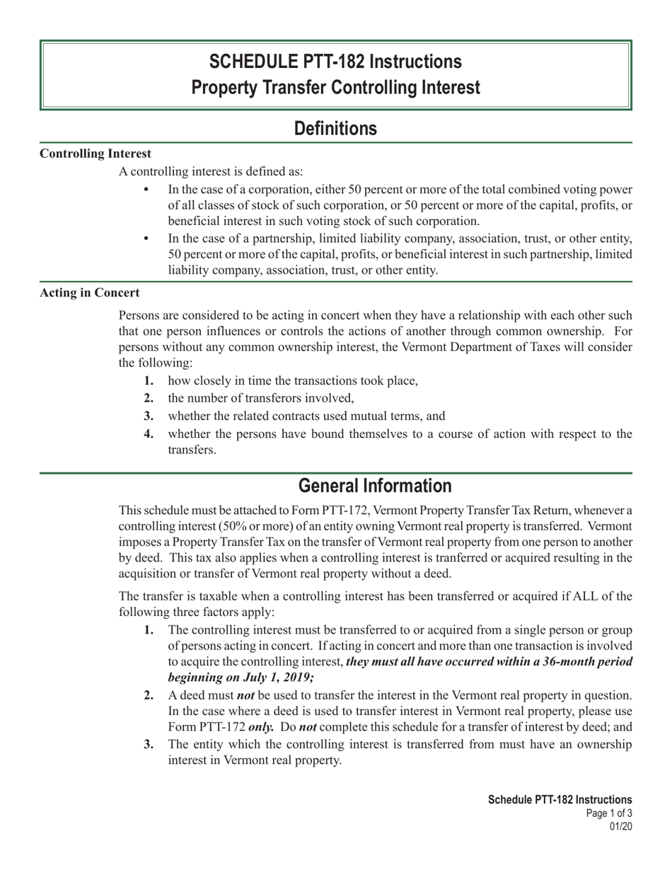 Instructions for Schedule PTT-182 Property Transfer Controlling Interest - Vermont, Page 1