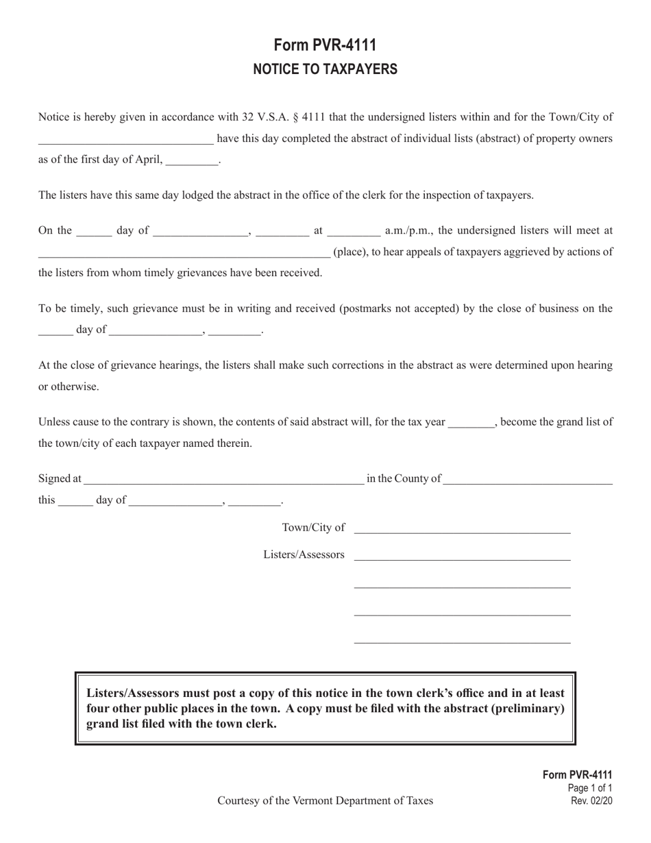 Form PVR-4111 Notice to Taxpayers - Vermont, Page 1
