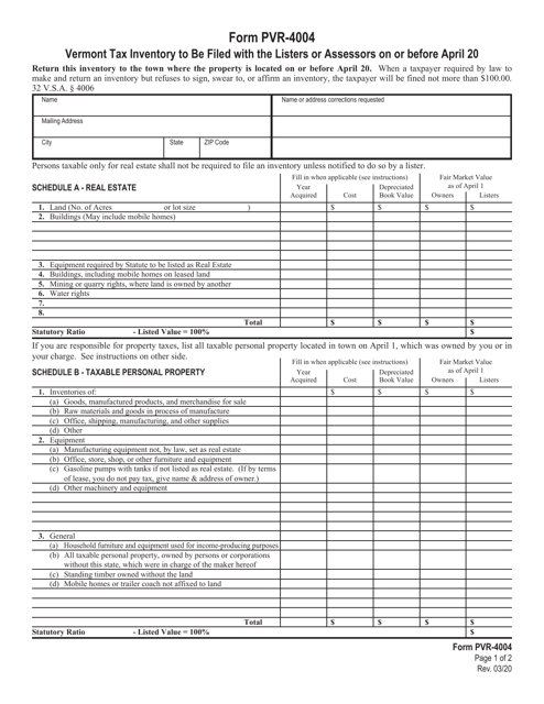 Form PVR-4004 Vermont Tax Inventory to Be Filed With the Listers or Assessors on or Before April 20 - Vermont