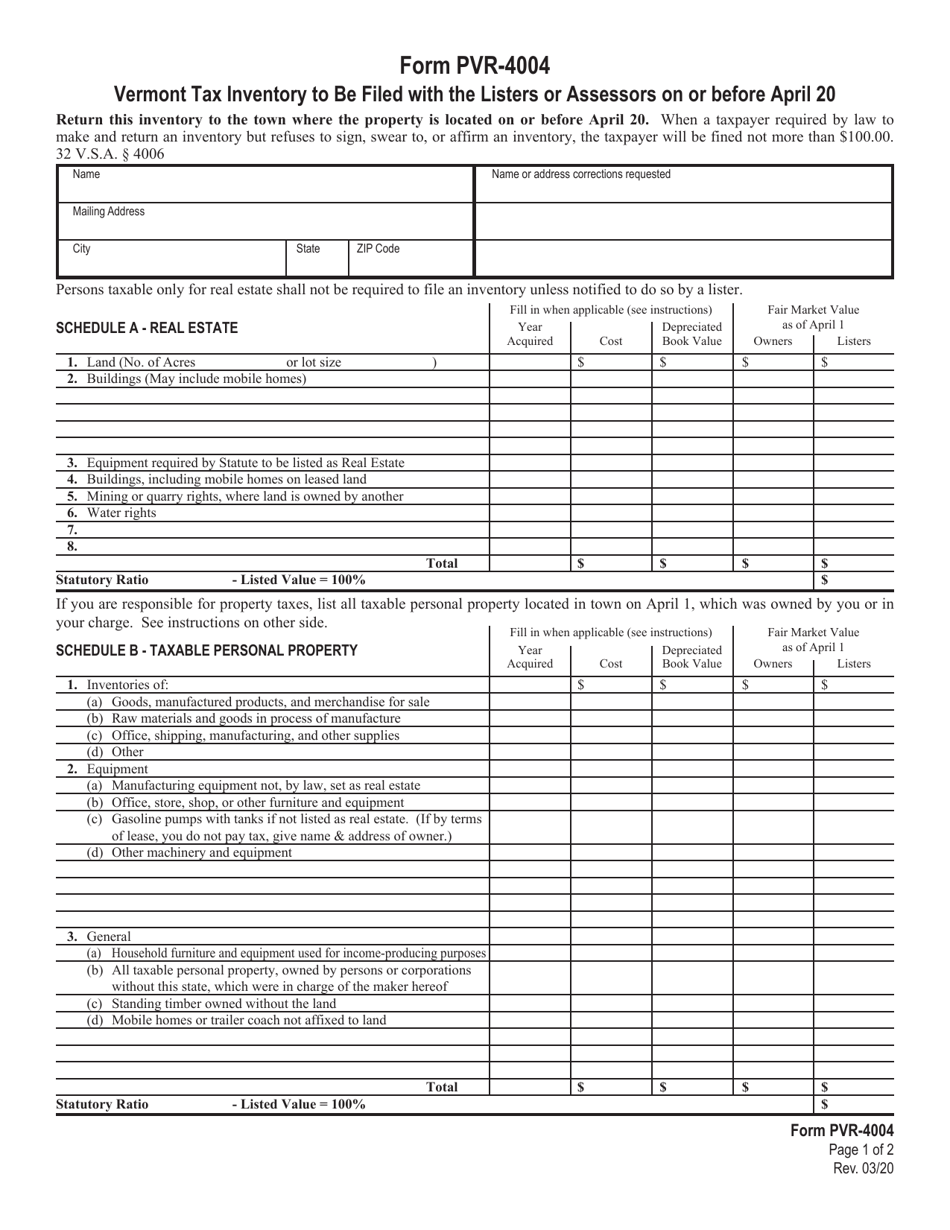 Form PVR-4004 Vermont Tax Inventory to Be Filed With the Listers or Assessors on or Before April 20 - Vermont, Page 1