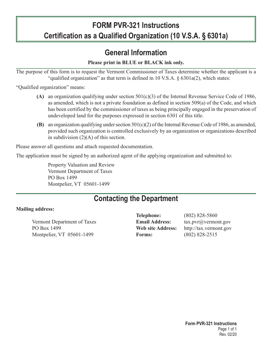 Form PVR-321 Application for Certification as a Qualified Organization - Vermont, Page 1