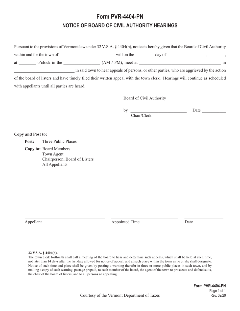 Form PVR-4404-PN Notice of Board of Civil Authority Hearings - Vermont, Page 1