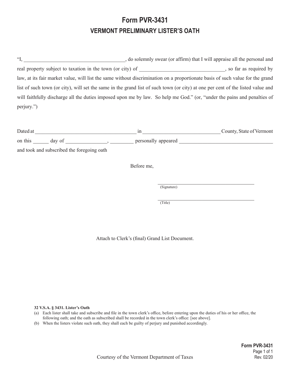 Form PVR-3431 Vermont Preliminary Listers Oath - Vermont, Page 1