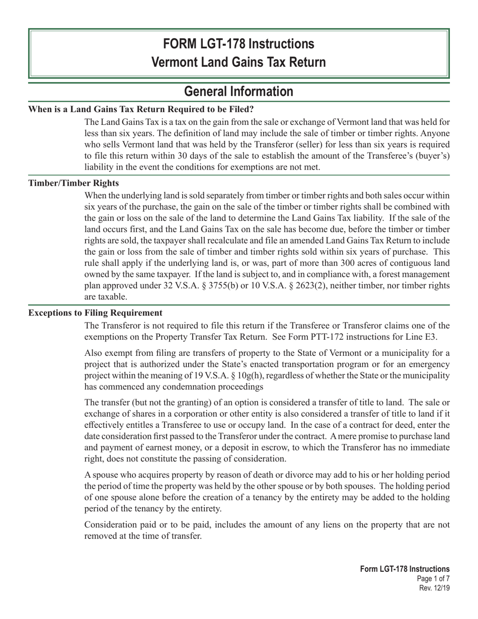 Instructions for Form LGT-178 Vermont Land Gains Tax Return - Vermont, Page 1