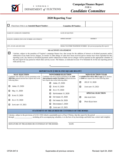 Form CFDA-947.6 Campaign Finance Report for a Candidate Committee - Virginia, 2020
