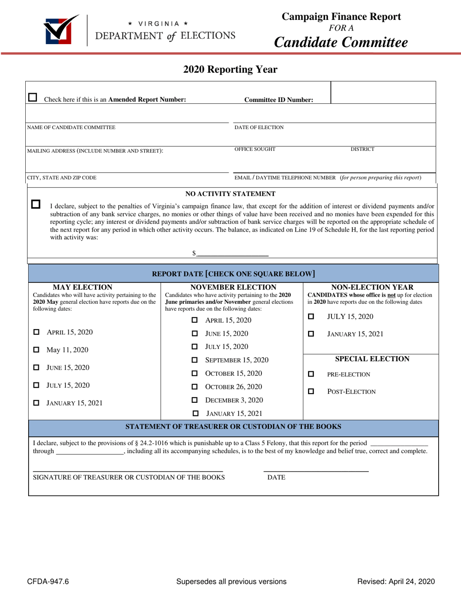 Form CFDA-947.6 Campaign Finance Report for a Candidate Committee - Virginia, Page 1