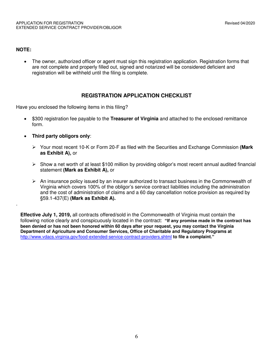 Application for Registration Extended Service Contract Provider / Obligor - Virginia, Page 6