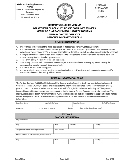 Form 501A Fantasy Contest Operator Personal Information Form - Virginia