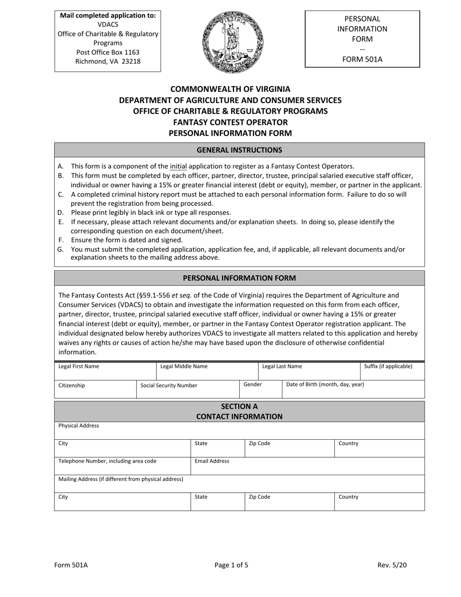 Form 501A Fantasy Contest Operator Personal Information Form - Virginia, Page 1