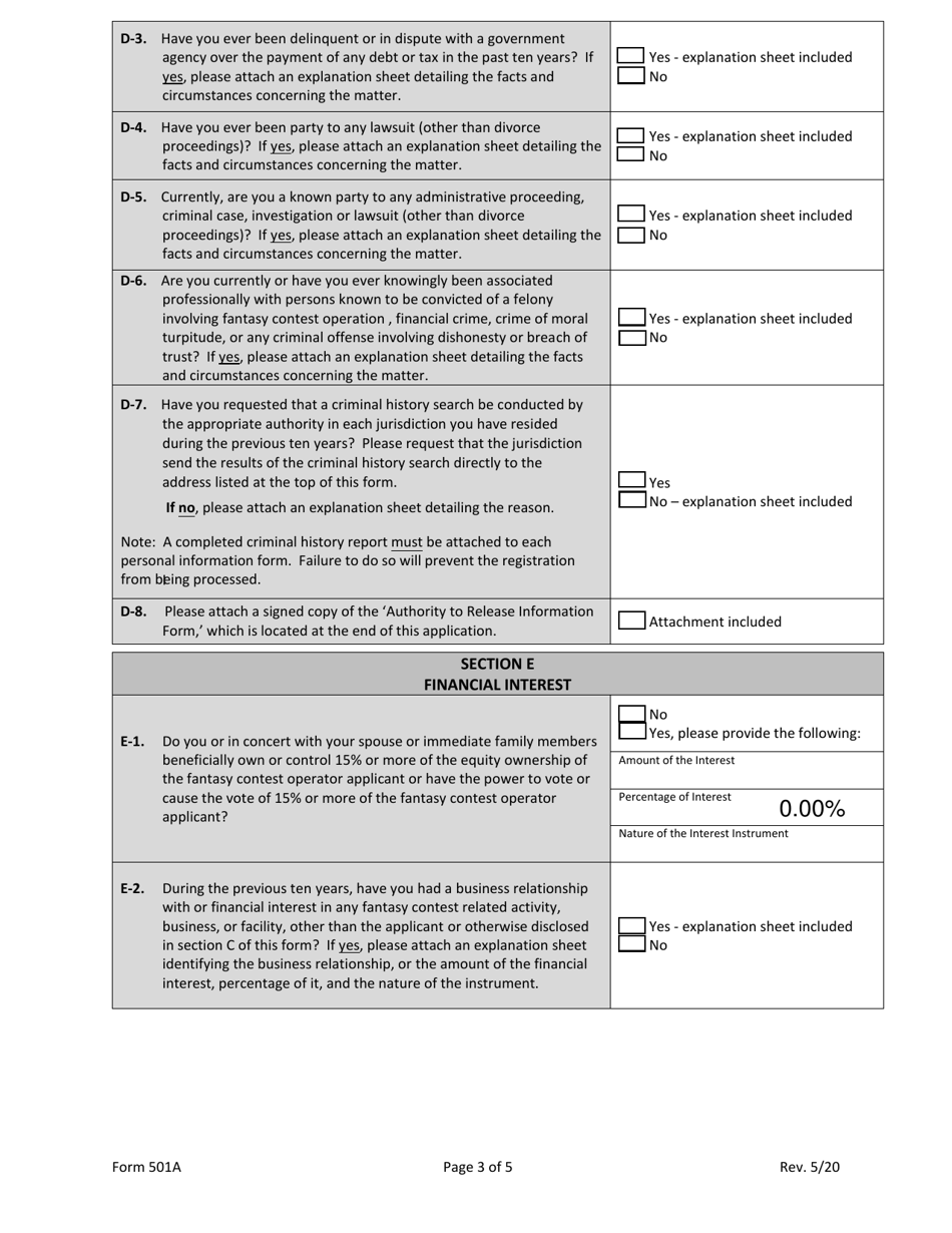 Form 501A Download Fillable PDF or Fill Online Fantasy Contest Operator ...