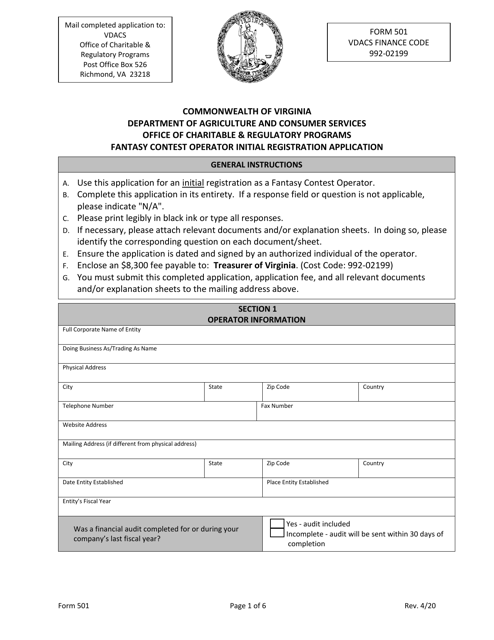 Form 501 Fantasy Contest Operator Initial Registration Application - Virginia
