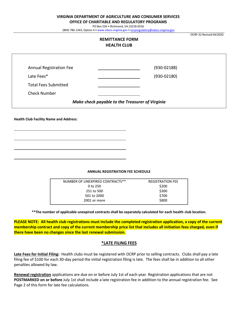 Form OCRP-32 Health Club Registration - Virginia, Page 1