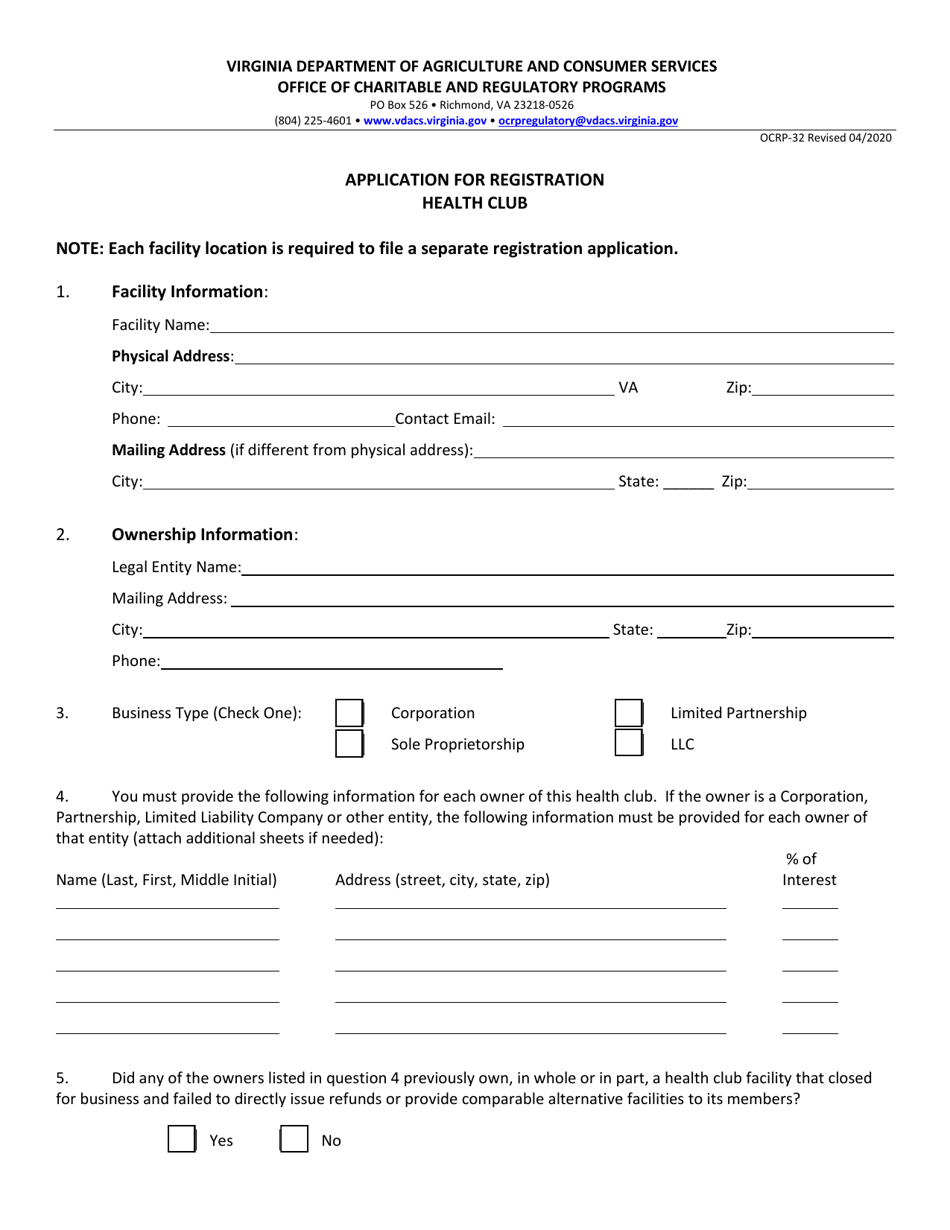 Form OCRP-32 Health Club Registration - Virginia, Page 4