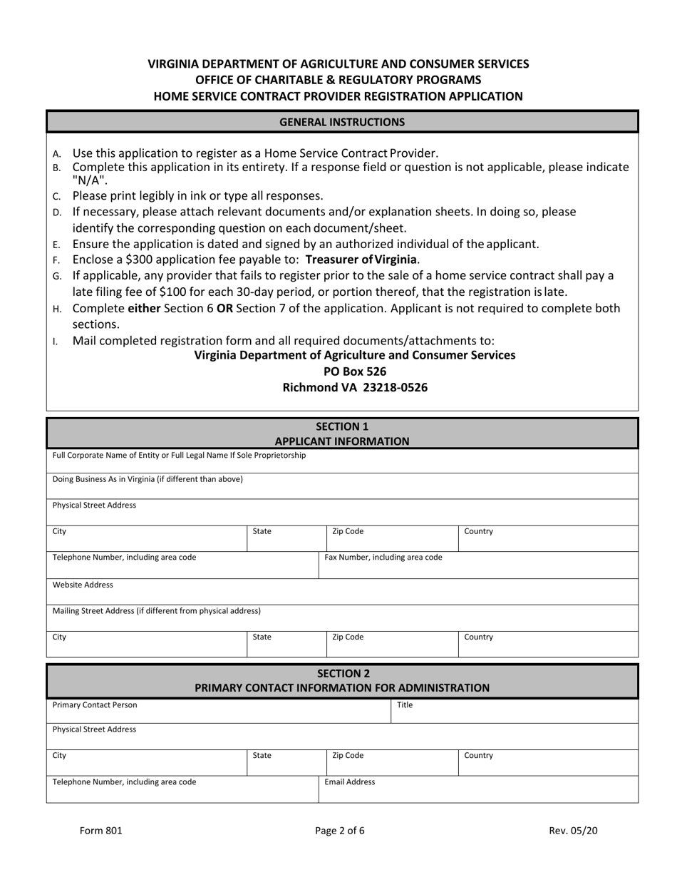 Form 801 Home Service Contract Provider Registration Application - Virginia, Page 2