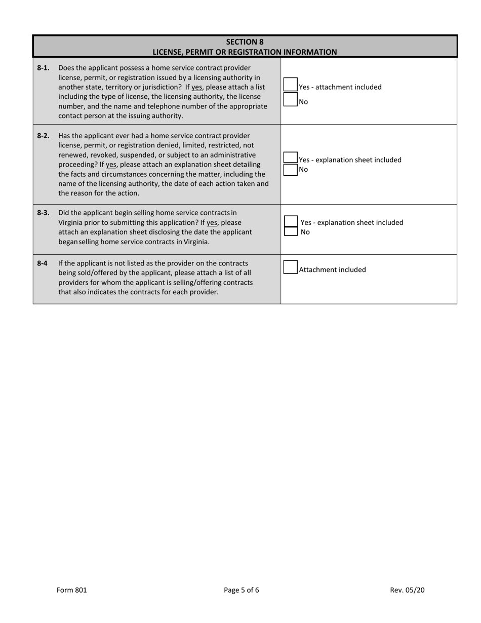 Form 801 Home Service Contract Provider Registration Application - Virginia, Page 5