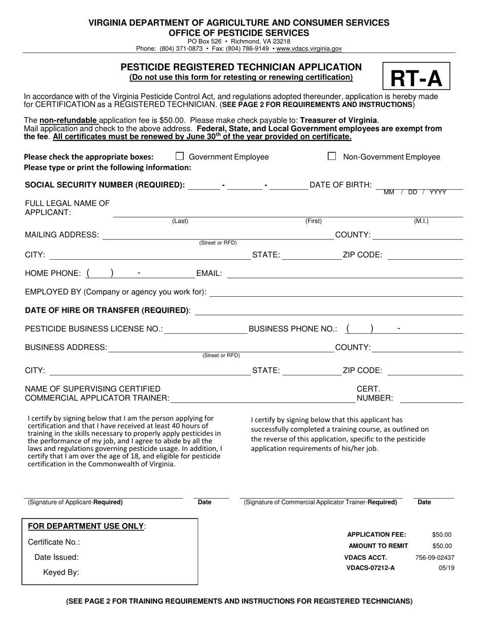 Form RT-A Pesticide Registered Technician Application - Virginia, Page 1