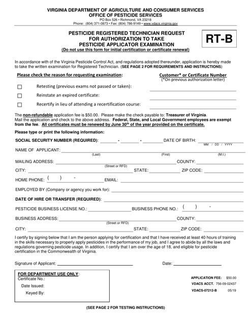 Form RT-B Pesticide Registered Technician Request for Authorization to Take Pesticide Applicator Examination - Virginia