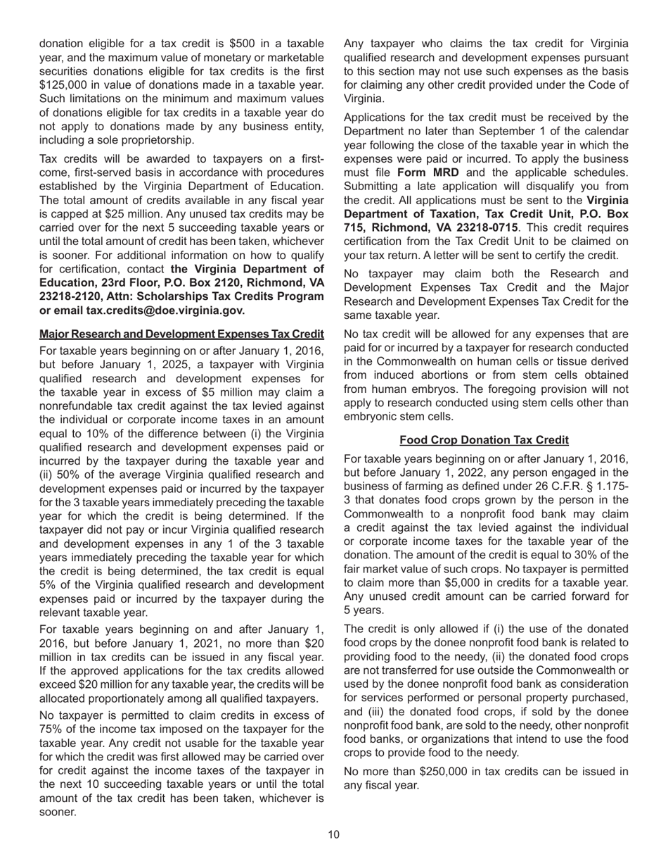 Instructions for Form 760, 760PY, 763, 765 Schedule CR Credit Computation Schedule - Virginia, Page 10