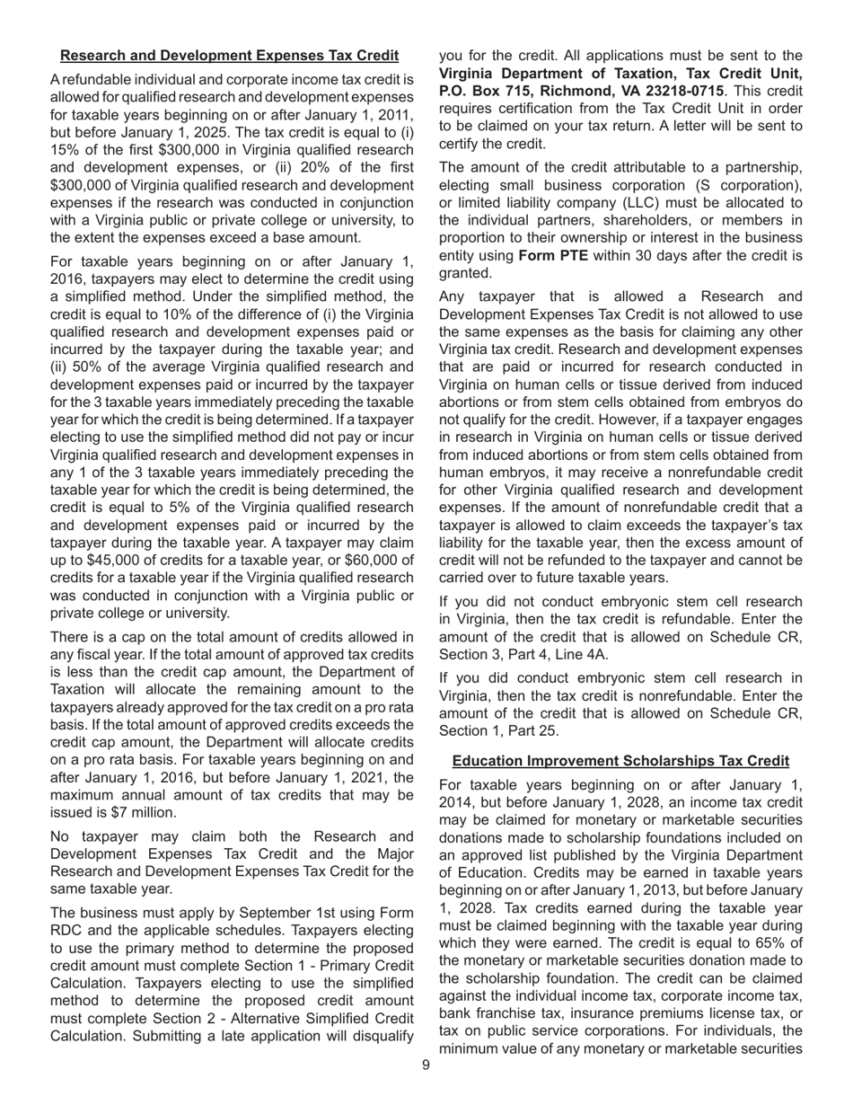 Instructions for Form 760, 760PY, 763, 765 Schedule CR Credit Computation Schedule - Virginia, Page 9