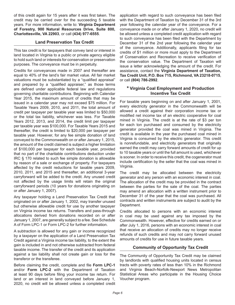 Instructions for Schedule 500CR Credit Computation Schedule for Corporation Returns - Virginia, Page 6