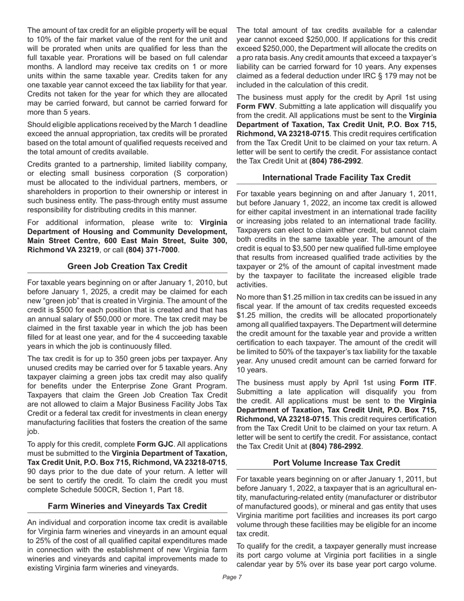 Instructions for Schedule 500CR Credit Computation Schedule for Corporation Returns - Virginia, Page 7