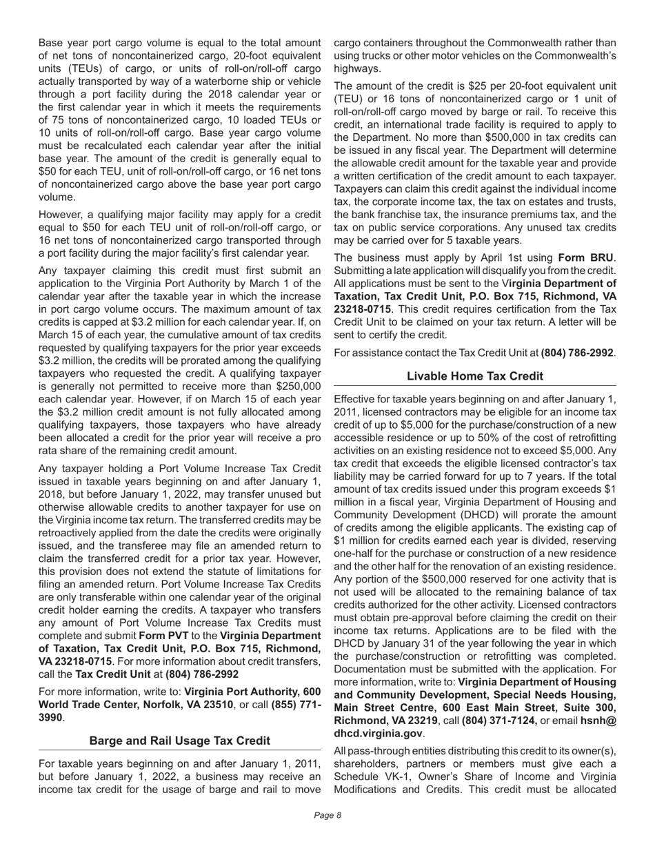Instructions for Schedule 500CR Credit Computation Schedule for Corporation Returns - Virginia, Page 8