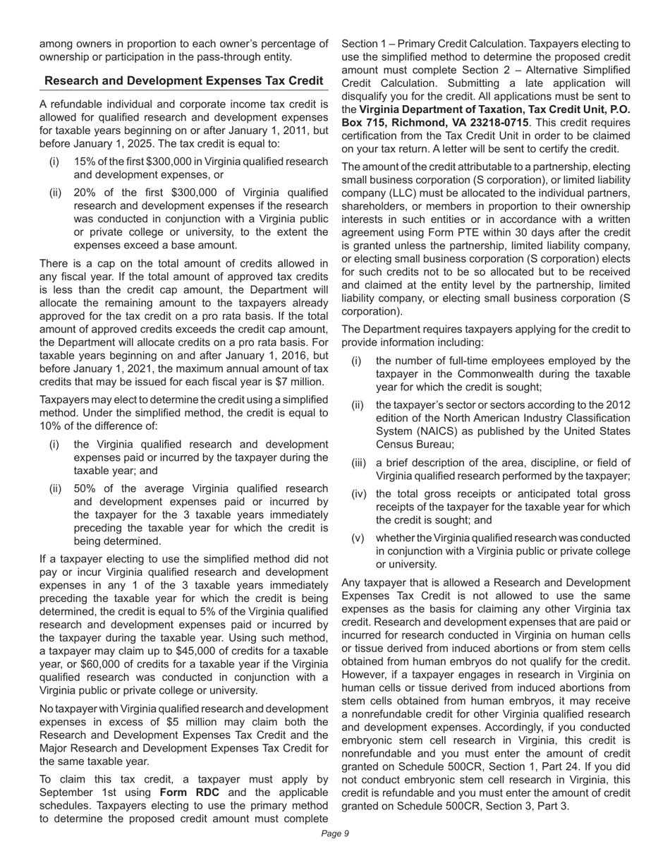 Instructions for Schedule 500CR Credit Computation Schedule for Corporation Returns - Virginia, Page 9