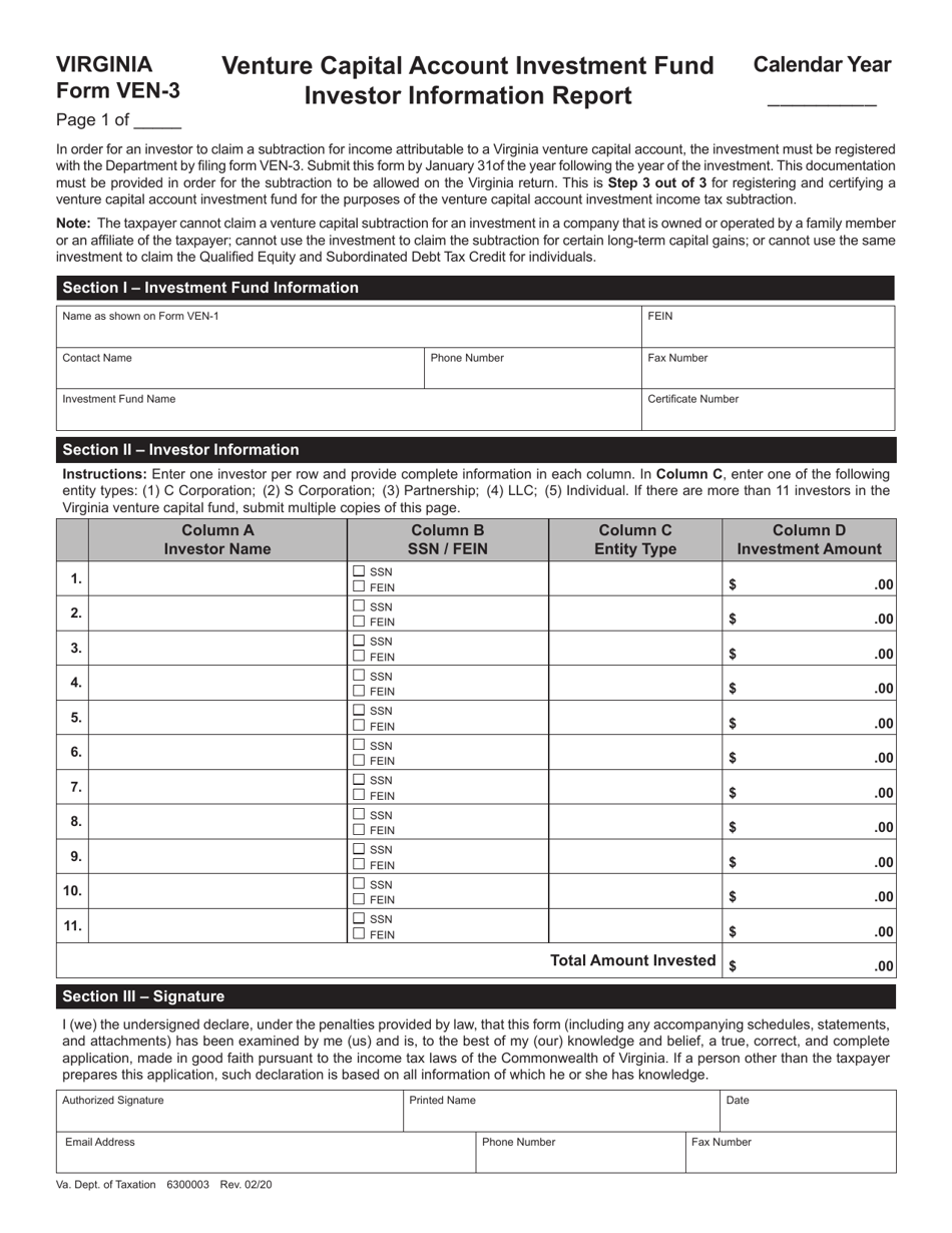 Form VEN-3 Venture Capital Account Investment Fund Investor Information Report - Virginia, Page 1