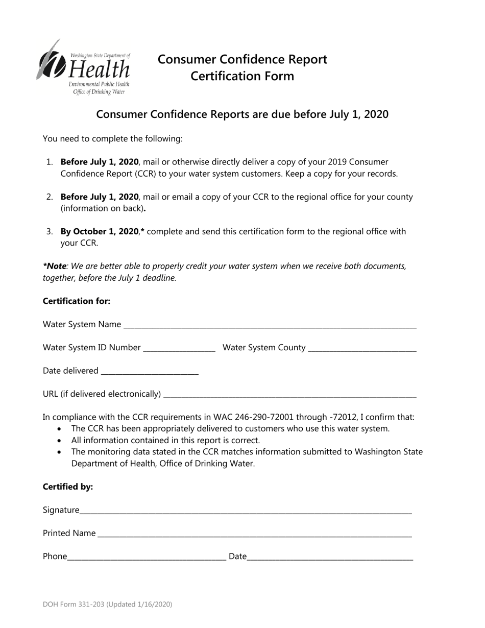 DOH Form 331-203 Consumer Confidence Report Certification Form - Washington, Page 1